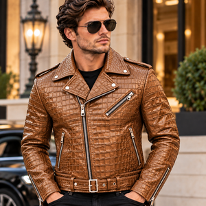 Blouson de motard en cuir marron gaufré crocodile pour homme – Blouson moto tendance avec ceinture, plusieurs poches zippées et ajustable - Product Image 3