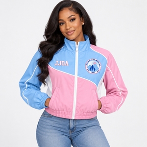 Veste de survêtement courte personnalisée JJOA Jack and Jill of America pour femme, bleu ciel et rose, brodée, zippée, coupe-vent, vente en gros - Product Image 3