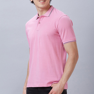Polo à manches courtes rose pour homme, en coton piqué respirant, tricoté, couleur unie, coupe classique - Product Image 3