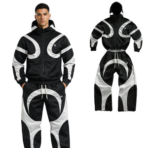 Custom Black <b>White</b> Panel Tracksuit for Men Full <b>Zip</b> Hoodies Drawstring Pants Premium Sportswear Wholesale Bulk Supplier - Product Image 1