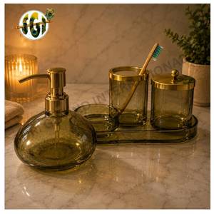 Luxury Five-piece Amber Glass <b>Bathroom</b> <b>Accessories</b> <b>Set</b> Gold Finish Durable Soap Dispenser Toothbrush Holder Storage Jar - Product Image 1