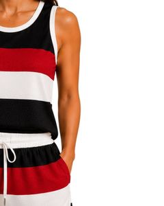 Ensemble de pyjama en satin pour femme, rayures noires, rouges et blanches, débardeur sans manches avec short à cordon, tenue de détente de luxe - Product Image 3