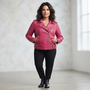 Blouson moto en cuir PU rose pour femme, coupe ajustée, manches longues, fermeture éclair, col ouvert, vêtement d'extérieur pour l'automne - Product Image 2