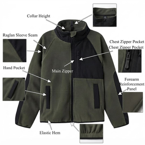Veste en polaire vert olive pour homme, avec empiècements noirs, col montant, fermeture éclair, vêtement décontracté pour l'hiver - Product Image 5