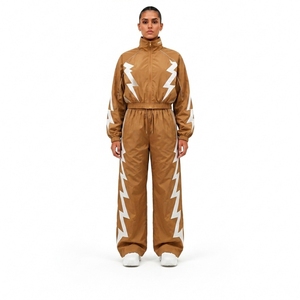 Women's Brown Geometric Print Tracksuit Full Sleeve Loose Fit Streetwear <b>Set</b> With Drawstring Closure And Side Pockets Autumn - Product Image 1