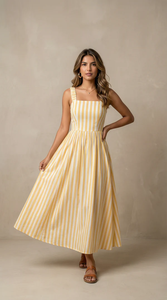 Vestido Midi a Rayas para Mujer con Bolsillos, Vestido Casual de Verano de Algodón, Corte en A, Tela Ligera y Transpirable, Cómodo para Uso Diario - Product Image 6