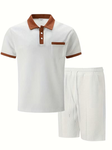Men's White Polo Shirt Set With Brown Trim Knitted Cotton Casual Summer Wear - Product Image 2