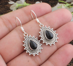 Natural Black <b>Onyx</b> 925 Sterling Silver Dotted Milgrain Design Vintage Style Drop <b>Earrings</b> Wedding Party Wholesale Luxury - Product Image 1