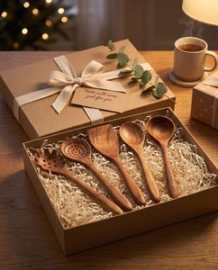 Wooden Utensil Set 4 Pieces Handcrafted Spoon Spatula Natural Wood <b>Kitchen</b> Tools Eco Friendly Hand Wash Only - Product Image 1