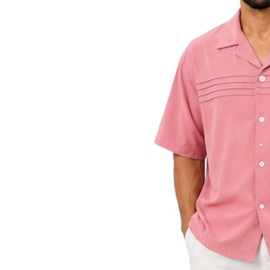 Chemise décontractée d'été rose pour homme à col campiste, plissée horizontalement, à manches courtes, boutonnée, pour resort, avec logo personnalisé, fabricant OEM - Product Image 3
