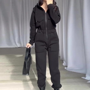 <b>Women</b> Jumpsuits Zipper Hooded One Piece <b>Romper</b> Solid Sporty Pockets Long Sleeve Tight Waist Jumpsuit Splice Overalls Autumn - Product Image 4