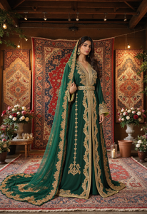 Caftan marocain Mishkat Couture en velours prune vert émeraude, maxi, manches longues, élégant, pour soirée, hiver, col en V, ourlet évasé - Product Image 2