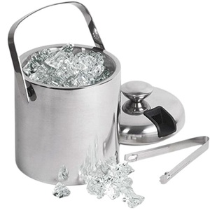 Barware Stainless Steel Double <b>Walled</b> Insulated Round Ice Bucket With Acacia Wood Lid and Tongs <b>Set</b> <b>Mirror</b> Polished Wine Cooler - Product Image 3