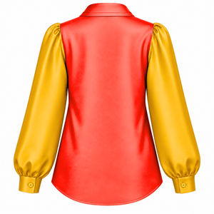 NSPDK Sorority <b>Satin</b> <b>Blouse</b> With Bow Collar And Embroidered Logo Puff Sleeve <b>red</b> & gold trendy <b>blouse</b> for female - Product Image 3