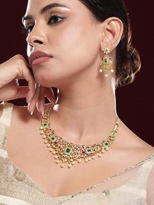 Conjunto de Collar y Pendientes de Aleación Chapada en Oro Ortodoxo Indio, Joyería de Boda para Mujer, Diseño Rani Haar, Patrón Floral, Estilo Clásico - Product Image 4