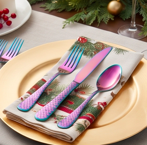 Juego de cubiertos ecológicos de acero inoxidable con diseño de arcoíris colorido, mango a cuadros, elegante vajilla para el hogar, comidas al aire libre y viajes. - Product Image 5