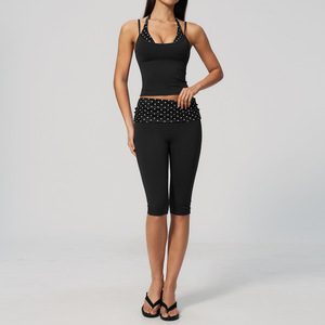 Black Polka Dot Halter <b>Crop</b> <b>Top</b> High Waist Shorts 2 Piece Yoga Set Seamless Sweat-Wicking Activewear - Product Image 5
