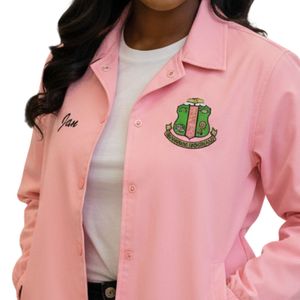 Pink Women Snap Front Jacket with Green Embroidered Crest Long Sleeve Casual Lightweight <b>Coach</b> Jacket Comfortable Everyday Wear - Product Image 5