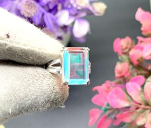 Vente chaude Emerald Cut Angel Aura Quartz 10x14mm Rectangle Forme Prong Ring 925 Sterling Silver Dainty Statement Womens Jewelry - Product Image 1