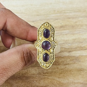 New Arrival Trendy Boho Tribal Amethyst <b>Ring</b> Vintage Brass Jewelry For Women 18K Gold Plated <b>Chunky</b> Statement Wholesale <b>Ring</b> - Product Image 2