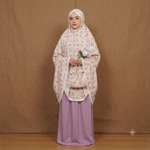 Conjunto de Dos Piezas Mukena con Estampado Floral, Vestido de Oración Beige con Falda Lavanda y Bolsa con Cordón, Material de Rayón Premium - Product Image 3
