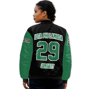 Blouson Bomber Universitaire Personnalisé pour Femme Iota Phi Lambda, Mélange Noir et Vert Émeraude, avec Écusson à Lettres Grecques et Année au Dos - Product Image 2