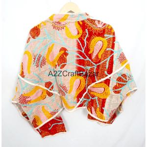Handcrafted Unisex Cotton Quilted Printed Patchwork Bohemian <b>Kantha</b> Kimono <b>Jacket</b> Autumn/Spring/Summer/Winter Vintage Floral - Product Image 6