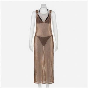 Maillot de bain femme en maille, col halter, couleur unie, tricoté extensible, avec bas de bikini string ajouré, tenue de plage - Product Image 1