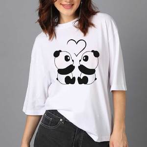 Camiseta con estampado de panda para mujer, manga tres cuartos, corte holgado, cuello redondo, 100% algodón, transpirable, estilo para todas las estaciones - Product Image 1