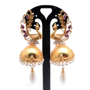 Peacock Matte Elegant Gold Plated Pearl Drop Hoop Earrings - Product Image 2
