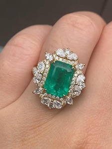 Luxury Emerald Cut Green Emerald <b>Ring</b> with Diamond Halo Vintage Art Deco <b>Gold</b> <b>Ring</b> 14K <b>Gold</b> Statement <b>Cocktail</b> Gemstone <b>Ring</b> - Product Image 2