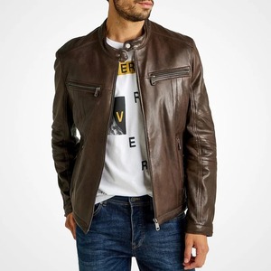 เสื้อแจ็คเก็ตหนังสีน้ำตาลทรงเข้ารูปสำหรับผู้ชาย - Product Image 1