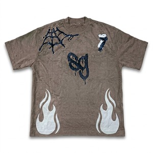 Men's Brown O-Neck Short Sleeve T-<b>Shirt</b> SG Logo <b>Flame</b> Spiderweb Print Street Style Regular Fit Breathable 220g Cotton Jersey - Product Image 6