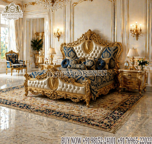 Ensemble de lit king size capitonné finition or d'inspiration palatiale, mobilier de chambre en teck de qualité supérieure avec tables de chevet, Sydney - Product Image 3