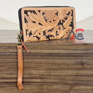 Hot Selling Sunflower Design Hand Tooled <b>Women</b> Clutches High Quality Genuine Leather <b>Card</b> Holder Detachable Wristlet <b>Wallet</b> - Product Image 1