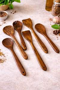 Collection d'ustensiles de cuisine en bois de teck rustique, 6 pièces, lavables au lave-vaisselle - Product Image 4