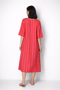 Women Striped Bohemian Midi Dress V Neck Loose Fit Casual Summer Kaftan Cotton Linen Eco-Friendly Wholesale ODM Supplier Indian - Product Image 4