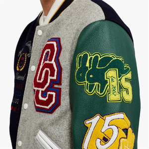 Men's Varsity <b>Jacket</b> Patchwork Embroidered Letterman Style Preppy Design Multi Color Sleeve Logo Front Closure - Product Image 5