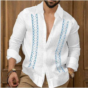 Chemise décontractée pour homme, bleu clair, manches longues, col rabattu, broderie à la main, été, respirante, popeline, manches longues - Product Image 2