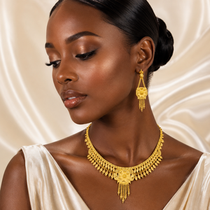 Luxury Brass Gold Plated African Indian Traditional Bridal Charm Necklace Set Box <b>Chain</b> Flower Pattern for Wedding Women's - Product Image 3