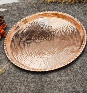 Hammered <b>Copper</b> Metal Handicraft Modern Serving Tray Brass <b>Handle</b> Decorative Large Coffee Table Multi-Purpose <b>Kitchen</b> Food Tray - Product Image 1