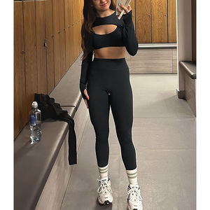 <b>Women</b> <b>Black</b> Long Sleeve <b>Crop</b> <b>Top</b> Crew Neck Solid Color Seamless Hollow Out Yoga Shirt Skinny Fit Full Sleeve Spandex Polyester - Product Image 3
