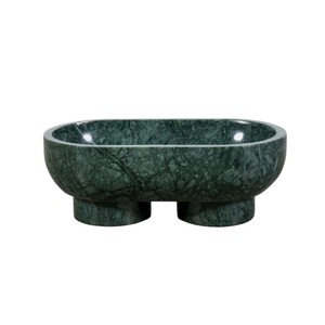 Bol ovale moderne en marbre vert sur pied, plateau décoratif en pierre naturelle, design de luxe, bol à fruits, centre de table, bol de service pour fruits - Product Image 1