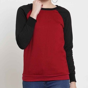 Sweat-shirt à manches raglan rouge et noir pour femme, col rond, couleur unie, tricoté, manches longues, vêtements d'automne - Product Image 1