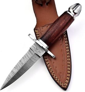 Daga de Damasco Hecha a Mano al por Mayor - Cuchillo de Doble Filo - Hoja Fija de 8.5 Pulgadas para Caza con Mango de Madera y Funda de Cuero - Product Image 1