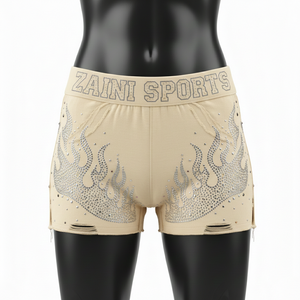 Shorts pour femmes en coton et élasthanne de haute qualité, tissu extensible doux, motif flamme en strass, logo personnalisé. - Product Image 6