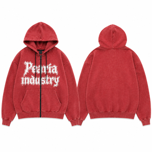 Sudadera con capucha y cremallera completa para hombre, de algodón grueso, con cordón, estampada, roja lavada, estilo casual de invierno, ecológica, para streetwear y chándal - Product Image 3
