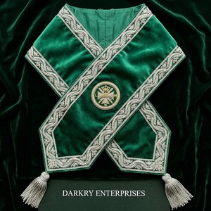 Écharpe en soie verte OES faite à la main avec broderie en fil de bullion, insignes maçonniques personnalisés, pompon argenté, badge OES - Product Image 5