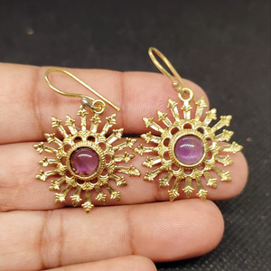 Export Brass Gemstone Drop Earrings Bulk Handcrafted Gold Plated Finish Amethyst Pattern Bezel - Product Image 1
