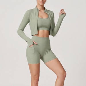 Green 3-Piece Yoga Set With Crop <b>Top</b> High Waist Shorts <b>Zipper</b> Jacket Seamless Breathable Full Sleeve Design - Product Image 6